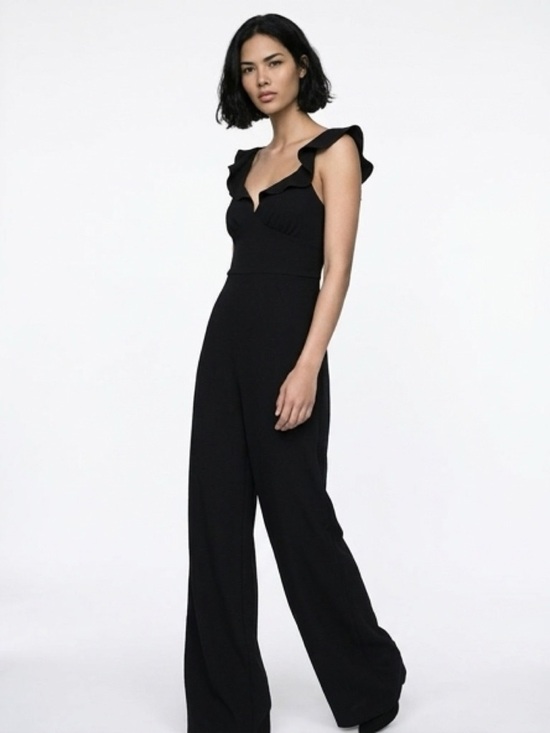 Black Ruffle-Shoulder Wide-Leg Jumpsuit - Picture 1 of 1